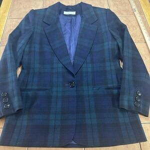 Womens Summit Hill Blackwatch Blue Green Plaid 100% Wool Blazer Jacket Sz 6